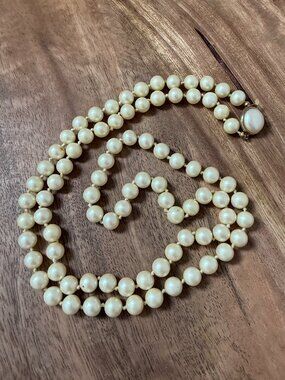 VINTAGE Long Opera Length Faux Pearl Necklace Hand Knotted Cream Clasp